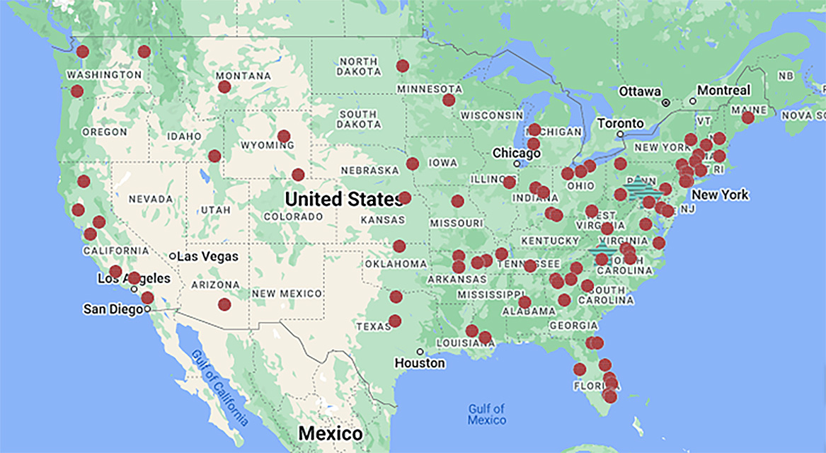 Screenshot of a National Mentoring Resource Center webpage with a U.S. map of locations of OJJDP’s youth mentoring grantees