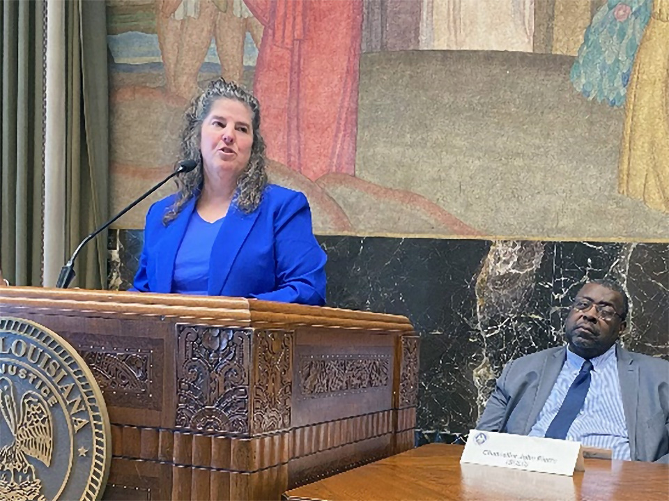 Photo of OJJDP Administrator Liz Ryan speaking to the Louisiana Juvenile Justice Reform Act Implementation Commission and the Southern University Law Center