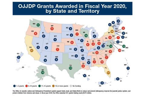 Map: OJJDP Grants Awarded in FY 2020, by State and Territory